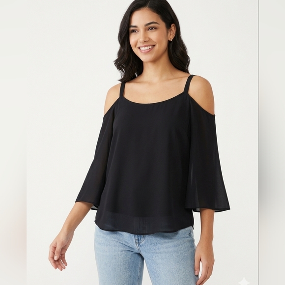 BOLD elements Tops - Bold Elements Black Cold-Shoulder Blouse